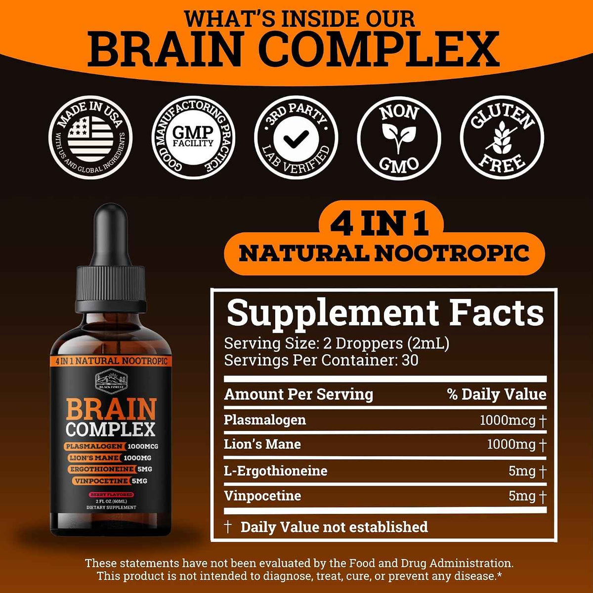Brain Complex Addifocus Brain Supplements For Memory and Focus (Plasmalogen, Lions Mane, Vinpocetine 10mg & Ergothioneine) Memory Supplement for Brain, Brain Defender Supplement, Brain Health