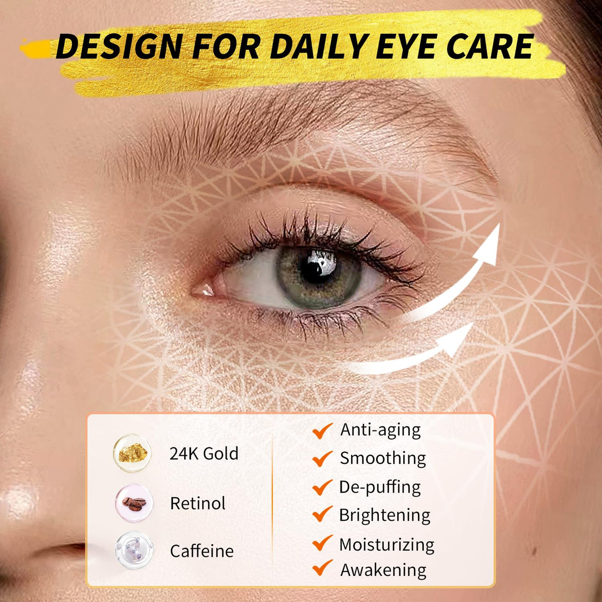 24K Gold & Retinol Eye Patches - Caffeine Infused Eye Mask for Puffy Eyes, Dark Circles & Wrinkles - Restoring Treatment (48 Pairs)