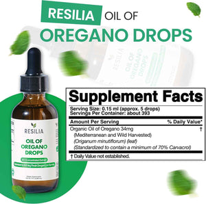 Resilia Premium Oregano Oil Drops - High Potency 34mg Per Serving - Herbal Antioxidant Formula for Immune Support - Non-GMO, Easy-to-Use Liquid Supplement, 60ml