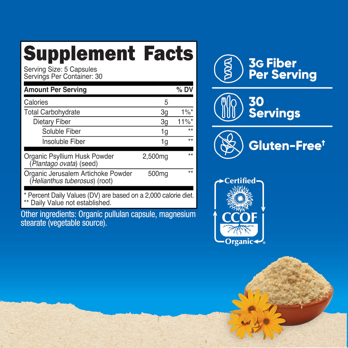 Nutricost Fiber Capsules with Prebiotic Fiber Supplement 150 Capsules - CCOF Certified Supplement, Made with Organic Psyllium Husk & Organic Jerusalem Artichoke, Gluten Free, 3 G Per Serving