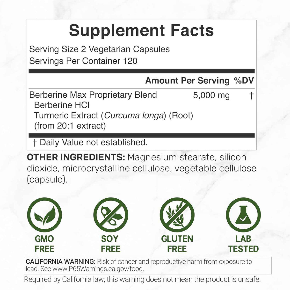 DEAL SUPPLEMENT Berberine Max Supplement with Turmeric, 5000 mg** Per Serving, 240 Vegetarian Capsules - Berberine HCl with Turmeric Root Extract - Non-GMO
