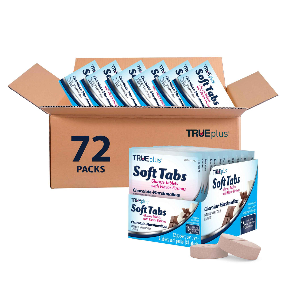 TRUEplus Soft Tabs Glucose Tablets, Cherry Pop Flavor, 4 Count, 12 Packs - Chewable Tablets, 16g Fast-Acting Carbohydrates, Fat Free, Gluten Free, Boosts Energy, Great Tasting and Easy to Use