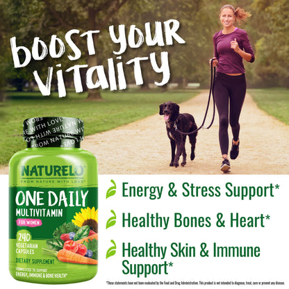 NATURELO One Daily Multivitamin for Women w/Vitamin B12, 240 Ct, Energy Support, Whole Food Daily Women Multivitamin Supplement, Nourish Hair/Skin/Nail, Non-GMO, No Soy, Gluten Free, 8 Month Supply