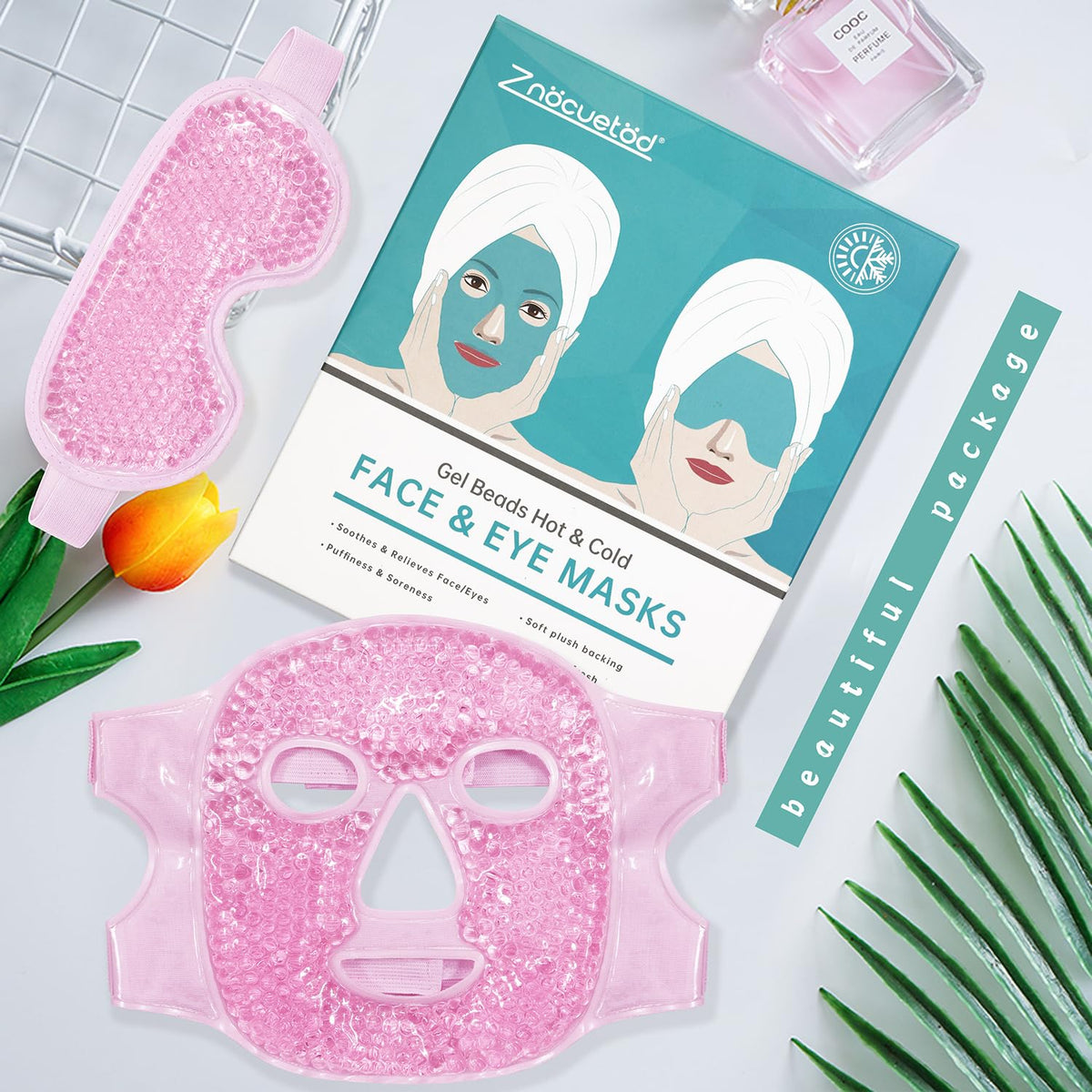 ZNÖCUETÖD 2-Piece Face & Eye Ice Mask Set (Pink) – Dual Hot & Cold Gel Packs for Puffiness, Dark Circles, Migraine Relief & Post-Surgery Swelling