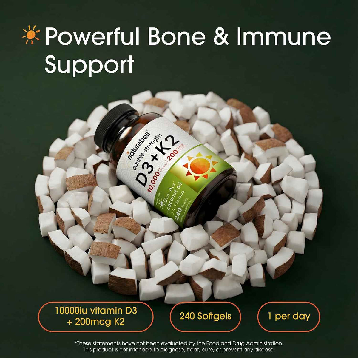NatureBell Vitamin Double Strength D3 + K2-240 Softgels - 10,000 IU Vitamin D & 200mcg K2 - Bone Strength, Immune Function & Calcium Absorption Support* - Coconut Oil Infused