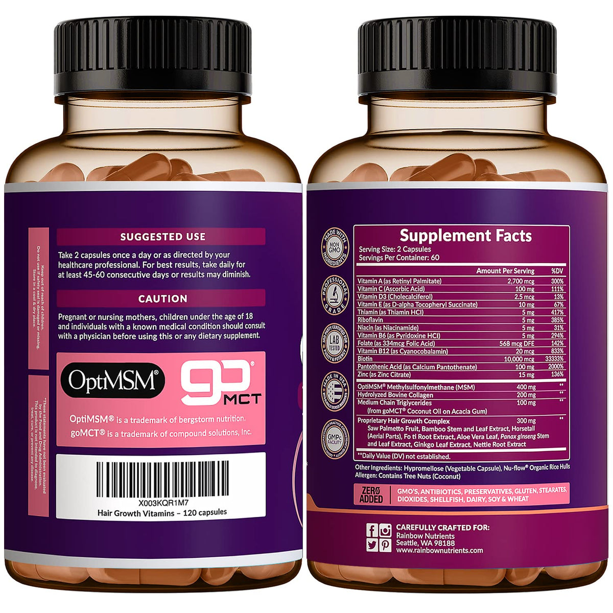 Hair Growth Vitamins for Women - Biotin 10,000mcg, Collagen, Patented OptiMSM, goMCT