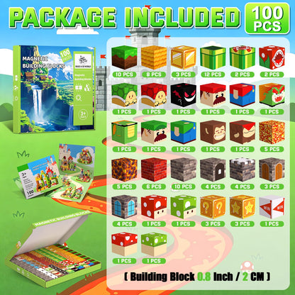 SSAWER Magnetic Blocks, 100PCS Magnetic Building Blocks, Stacking Magnetic for Kids, Sensory Toy for STEM Constructions Magnetic Blocks for Boys Girls Age 3+, Holiday Birthday Gifts