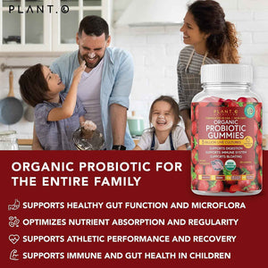 Plant.O Organic Probiotic Gummies for Women, Men & Kids [5 Billion CFUs USDA Certified] Help Support Digestion, Bloating, Constipation & Immune System, Strawberry Flavor, 30 Chewable Probiotics