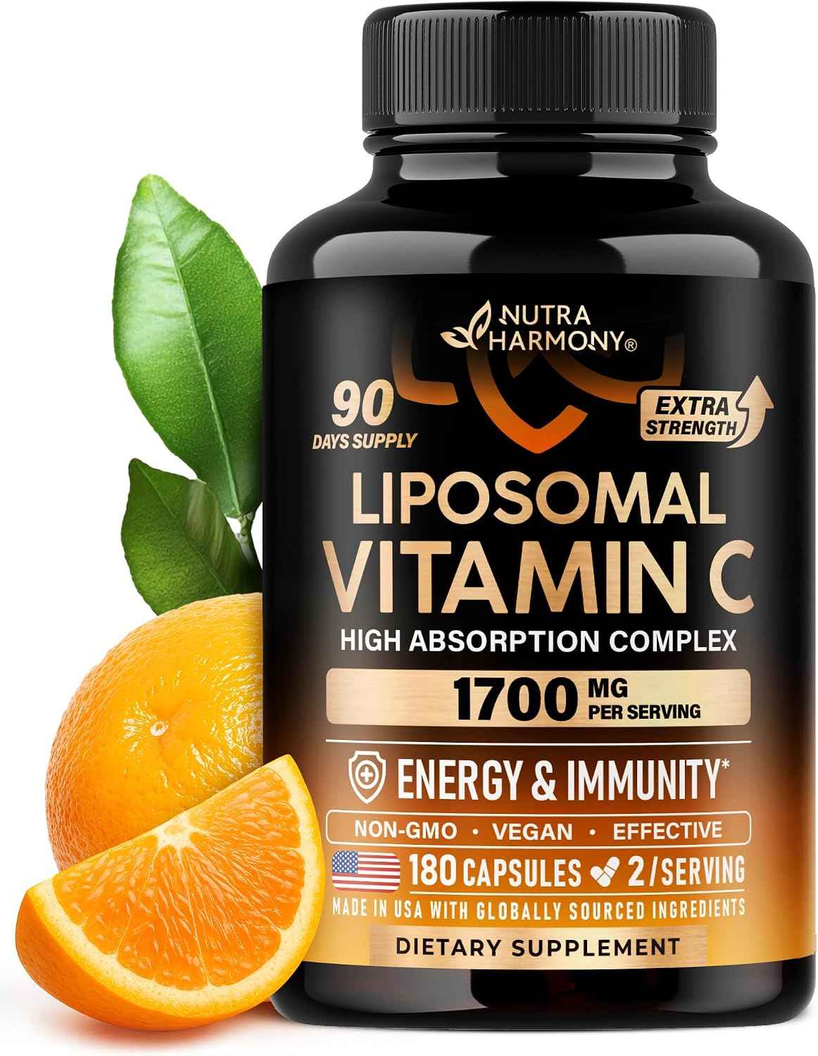 Liposomal Vitamin C 1700 mg - High Absorption Fat Soluble Complex - Antioxidant, Energy Boost & Immune Support - Vitamin C Supplement - NON-GMO, SOY-Free & Gentle on Stomach - 180 Capsules