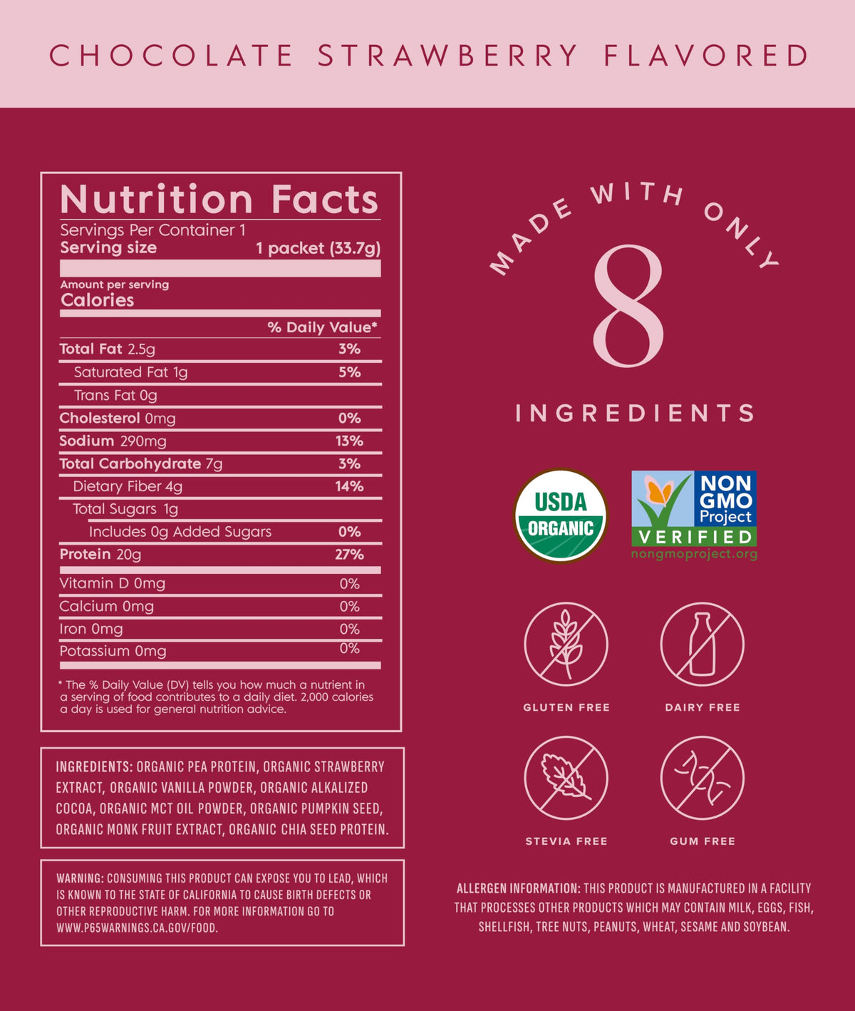 Truvani Organic Plant Based Protein Powder - Strawberry - 10 Servings - Vegan - 20g Pea Protein - Single Serving Travel Packets - Keto - Gluten & Dairy Free - Low Carb
