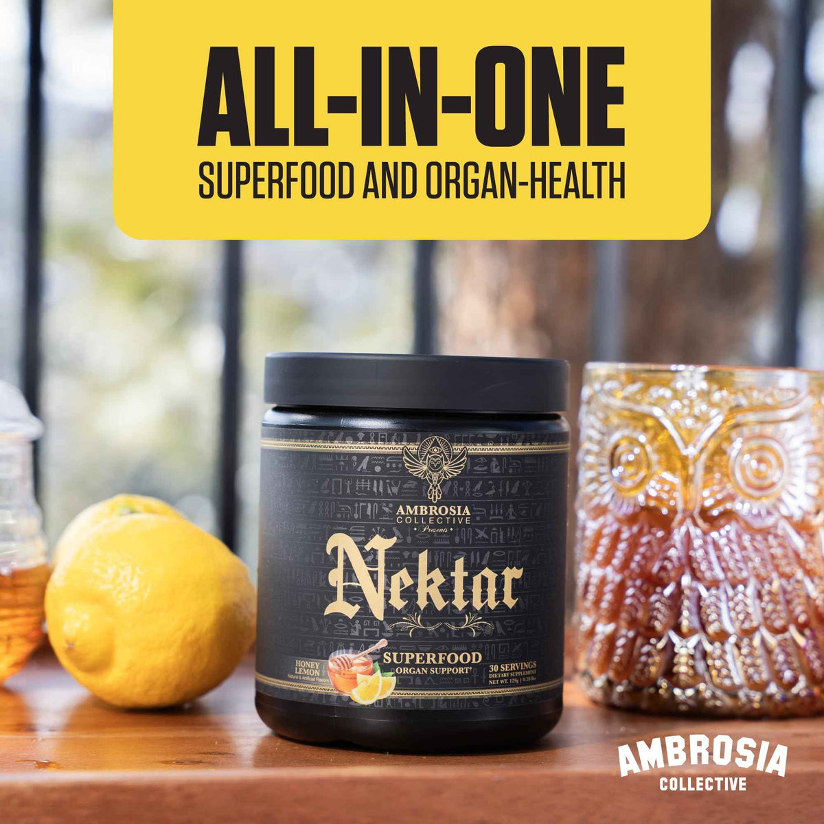 Ambrosia Superfood Organ & Cycle Support Powder - Liver & Kidney Support with Milk Thistle, Red Yeast Rice & CoQ10 - 13 Superfood Ingredients - 30 Servings - Honey Lemon