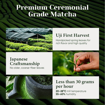 Ceremonial Grade Matcha Green Tea Powder, First Harvest, Shade Grown, 30g - 100% Pure Matcha Powder Ceremonial Grade, w/ No Additives, Unsweetened, Vegan, Gluten-Free, Smooth Flavor for Tea and Lattes