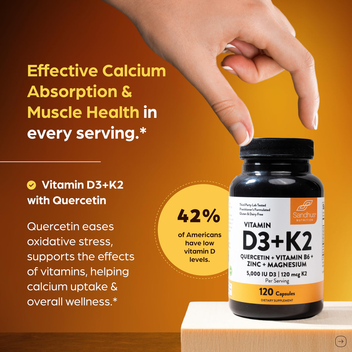 Sandhu's Vitamin D3 K2 Magnesium 5000 IU, 120mcg K2 Capsules 120 Count (Pack of 1) - with VIT B6, Zinc & Quercetin - D3K2 Supports Superior Absorption
