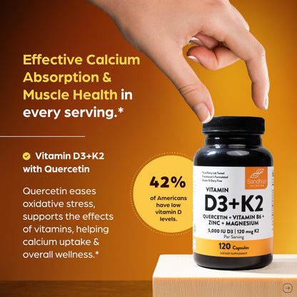 Sandhu's Vitamin D3 K2 Magnesium 5000 IU, 120mcg K2 Capsules 120 Count (Pack of 1) - with VIT B6, Zinc & Quercetin - D3K2 Supports Superior Absorption