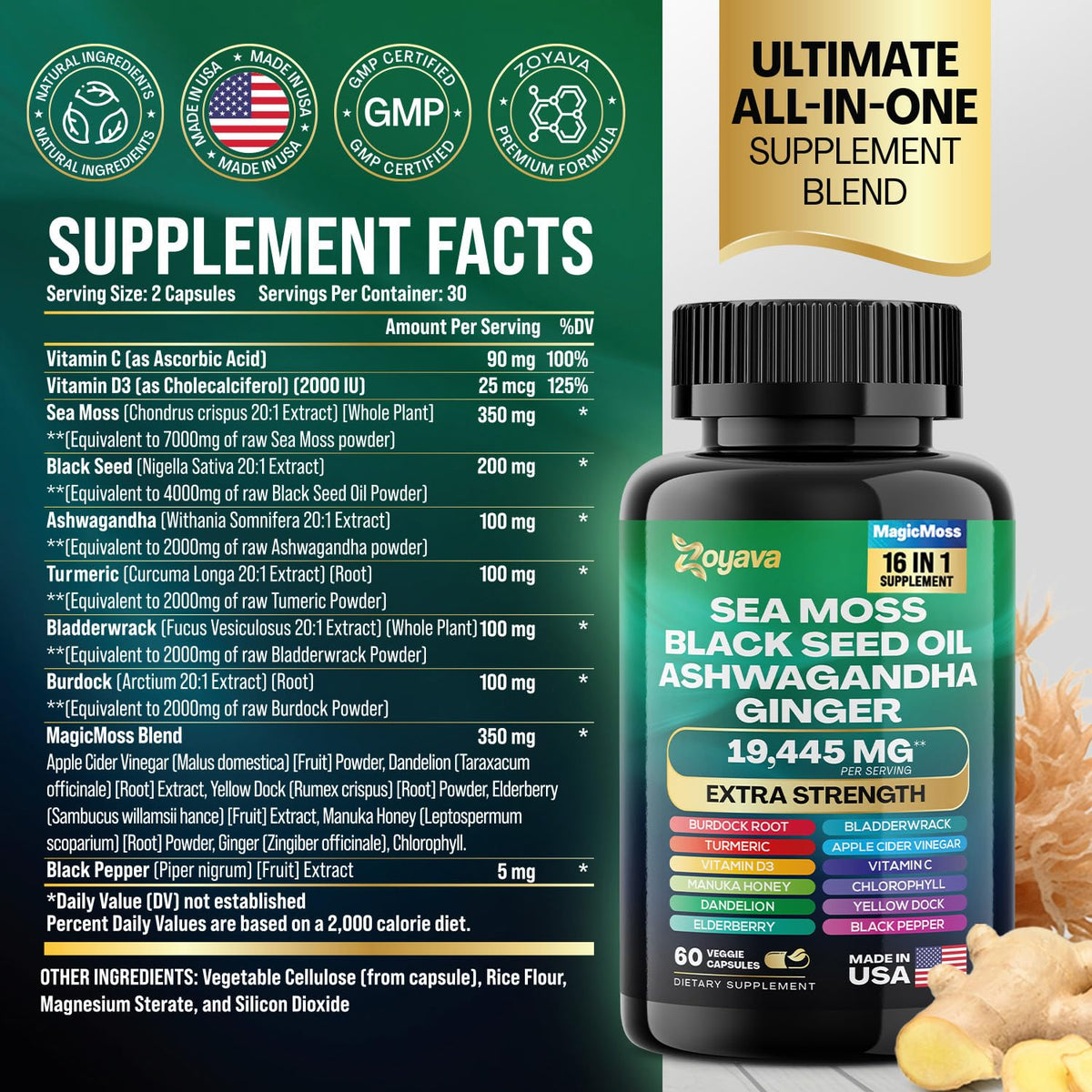 Zoyava Sea Moss 16-in-1 Blend 19,445 MG (60 Caps) and Colostrum 8-in-1 5,250 MG