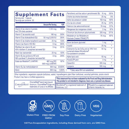 Pure Encapsulations O.N.E. Multivitamin - Once Daily Multivitamin with Antioxidant Complex Metafolin, CoQ10, and Lutein to Support Vision, Cognitive Function, and Cellular Health* - 30 Capsules