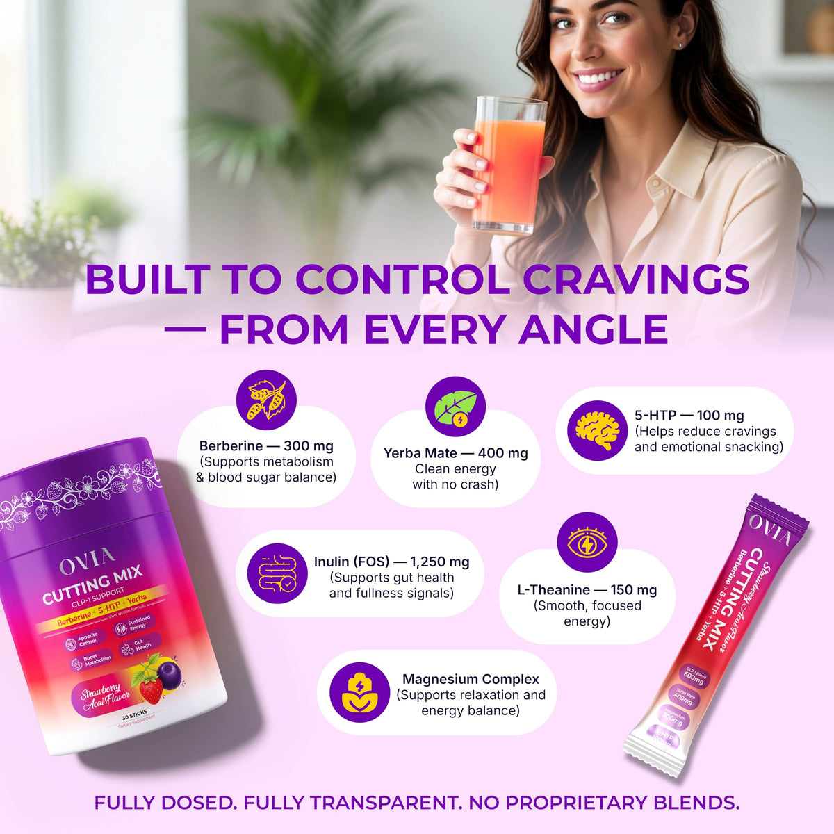 OVIA Cutting Mix Craving Control & Weight Management Powder with Yerba Mate, Berberine, 5-HTP, Inulin FOS, L-Theanine, Chromium, Cinnamon & Ginger - Strawberry Acai - 30 Sticks