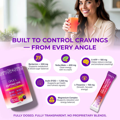 OVIA Cutting Mix Craving Control & Weight Management Powder with Yerba Mate, Berberine, 5-HTP, Inulin FOS, L-Theanine, Chromium, Cinnamon & Ginger - Strawberry Acai - 30 Sticks