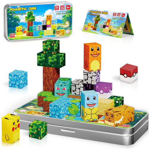 Mini Magnetic Blocks Pet Travel Toys, 35 PCS Magnetic Building Cubes with Metal Storage Case for Kids Ages 3-8, STEM Montessori Construction Toys for Toddlers, Airplane & Car Ride Essentials
