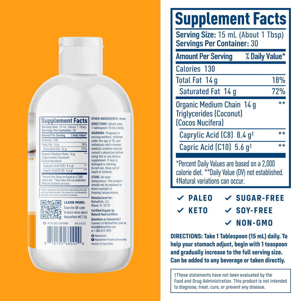NativePath MCT Oil, Organic, C8 & C10, Flavorless, 30 Servings