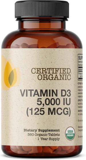 Futurebiotics Vitamin D3 5,000 IU (125 MCG), USDA Certified Organic Vitamin D Supplement, 360 Tablets