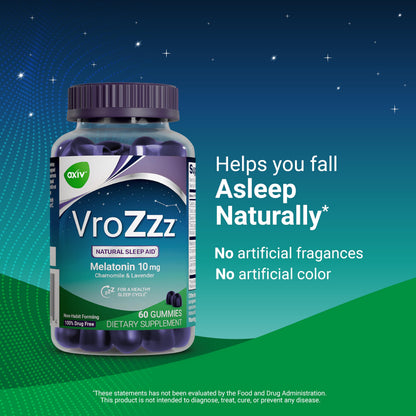 AXIV VroZzz Melatonin Sleep Aid Gummies, 10 mg Melatonin, with Chamomile, Lavender & Valerian Root, Supports Occasional Sleep, 60 Gummies