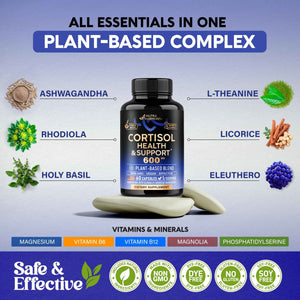 Cortisol Supplement for Women - Holy Basil - Ashwagandha - Rhodiola - L-Theanine - Plant-Based Hormone Balance - Mood, Focus & Sleep Support - Made in USA