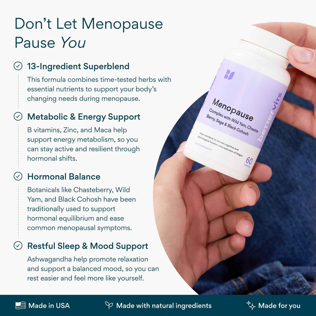 Bettervits Menopause Supplements for Women with Ashwagandha and Zinc - Hormone Balance Support with Vitamins D3 B6 B12 for Hot Flashes - Perimenopause Supplements for Monthly Wellness - 60 Capsules