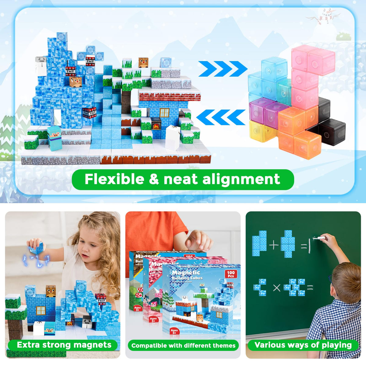 ToyUnited Magnetic Blocks - 100PCS Magnetic Building Blocks Glacier Castle, STEM Montessori Sensory Toys for Toddlers Kids Boys Girls Ages 3 4 5 6 7 8 9 10+ Holiday Birthday Gifts