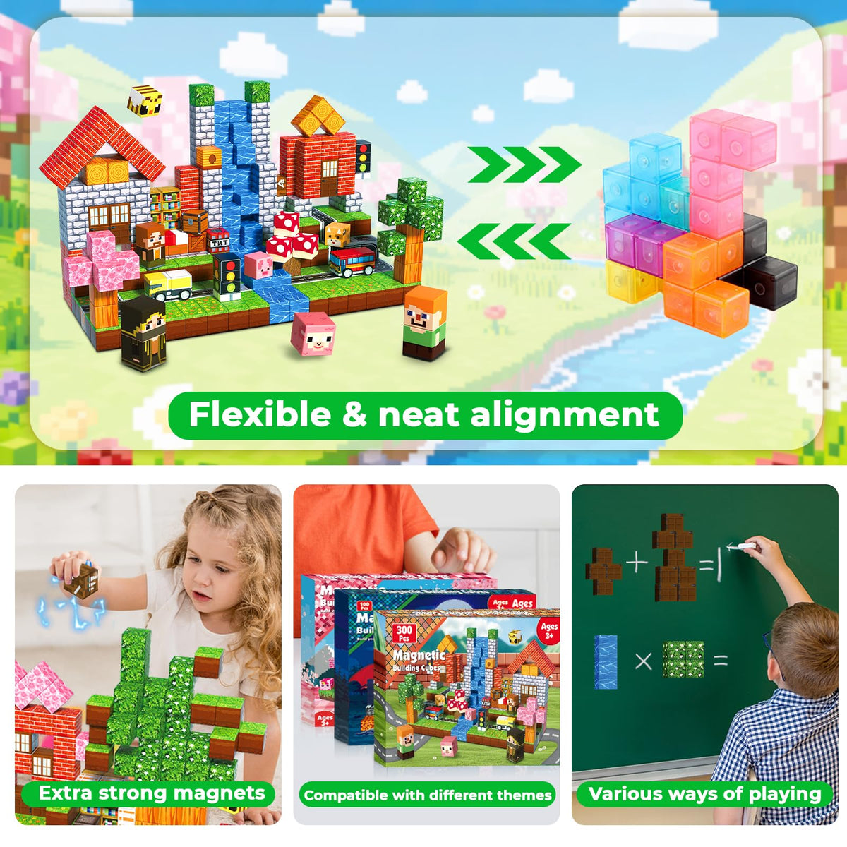 Annexfun Magnetic Blocks - 300PCS Magnetic Building Blocks Road Forest Magnetic Cubes - Sensory Toys for Montessori Toddler Birthday Gifts -STEM Construction Toys for Kids Ages 3+ for Boy & Girl