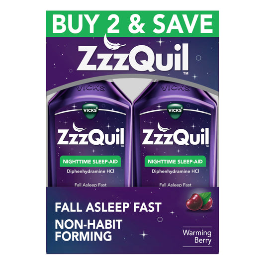 ZzzQuil, Sleep Aid, Nighttime Sleep Aid Liquid, 50 mg Diphenhydramine HCl, Fall Asleep Fast, Non-Habit Forming, Warming Berry Flavor, 12 FL OZ (Pack of 2)