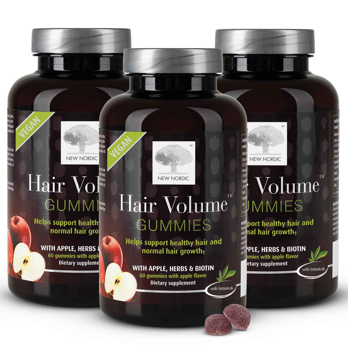NEW NORDIC Hair Volume Gummies, 2500 mcg Biotin, Daily Hair Vitamins Supplement to Support Hair Skin & Nails, Vegan, 60 Count (Pack of 3)