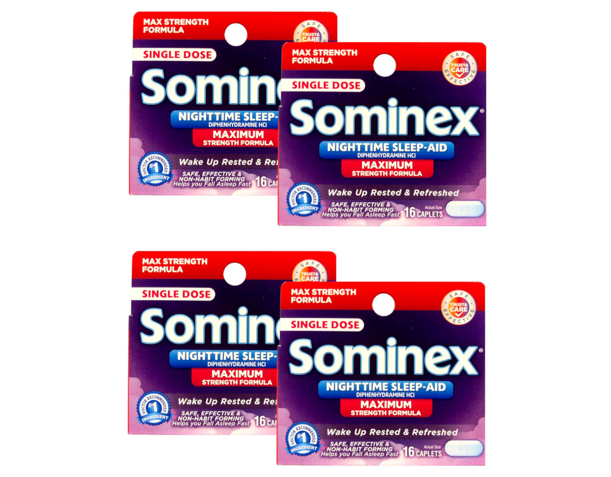 Sominex Nighttime Sleep-Aid Caplets, Maximum Strength, 16 ea (Pack of 4)