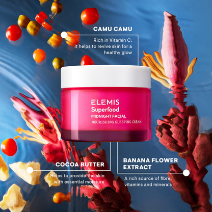 ELEMIS Superfood Midnight Facial - Lightweight Overnight Facial Cream, Prebiotic-Infused Hydrating Gel, Camu Camu Moisturizer, Omega Rich Night Cream - 50ml