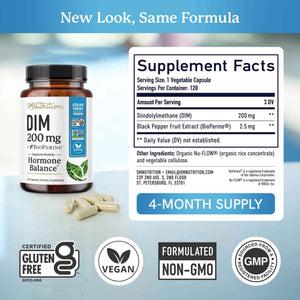 DIM Supplement 200 mg (120 Ct) | Estrogen Balance for Women & Men | Hormone Balance, Hormonal Acne Supplements, Menopause, Antioxidant & PMS Support