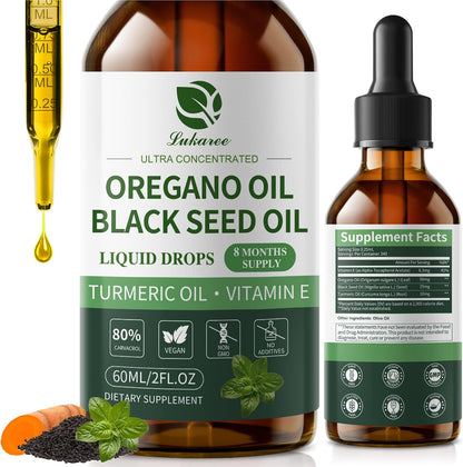Oil of Oregano Drops with Black Seed Oil, 80% Carvacrol, 8 Month Supply - Immune, Digestive, Detox & Natural Cleanse for Humans*, Undiluted Oregano Oil with Turmeric Oil, Vitamin E & Olive Oil Based