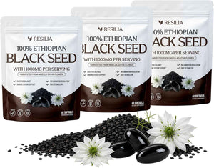 Resilia Ethiopian Black Seed Softgels 1000mg Per Serving - Premium Nigella Sativa Seed Oil Supplement - Digestive & Immune Support Formula - Easy to Swallow Soft Capsules 180 Count (Pack 3)