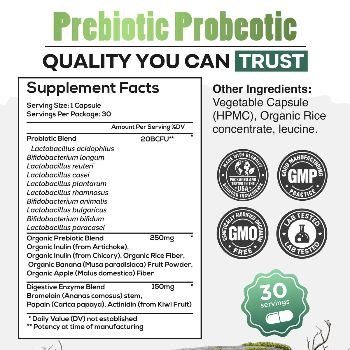 Wild Prebiotics and Probiotics with Digestive Enzymes - 20 Billion CFU - 10 Strains for Women & Men - Support Gut Health & Digestion Supplements - Non-GMO Prebiotic Fiber - 30 Count (Pack of 2)
