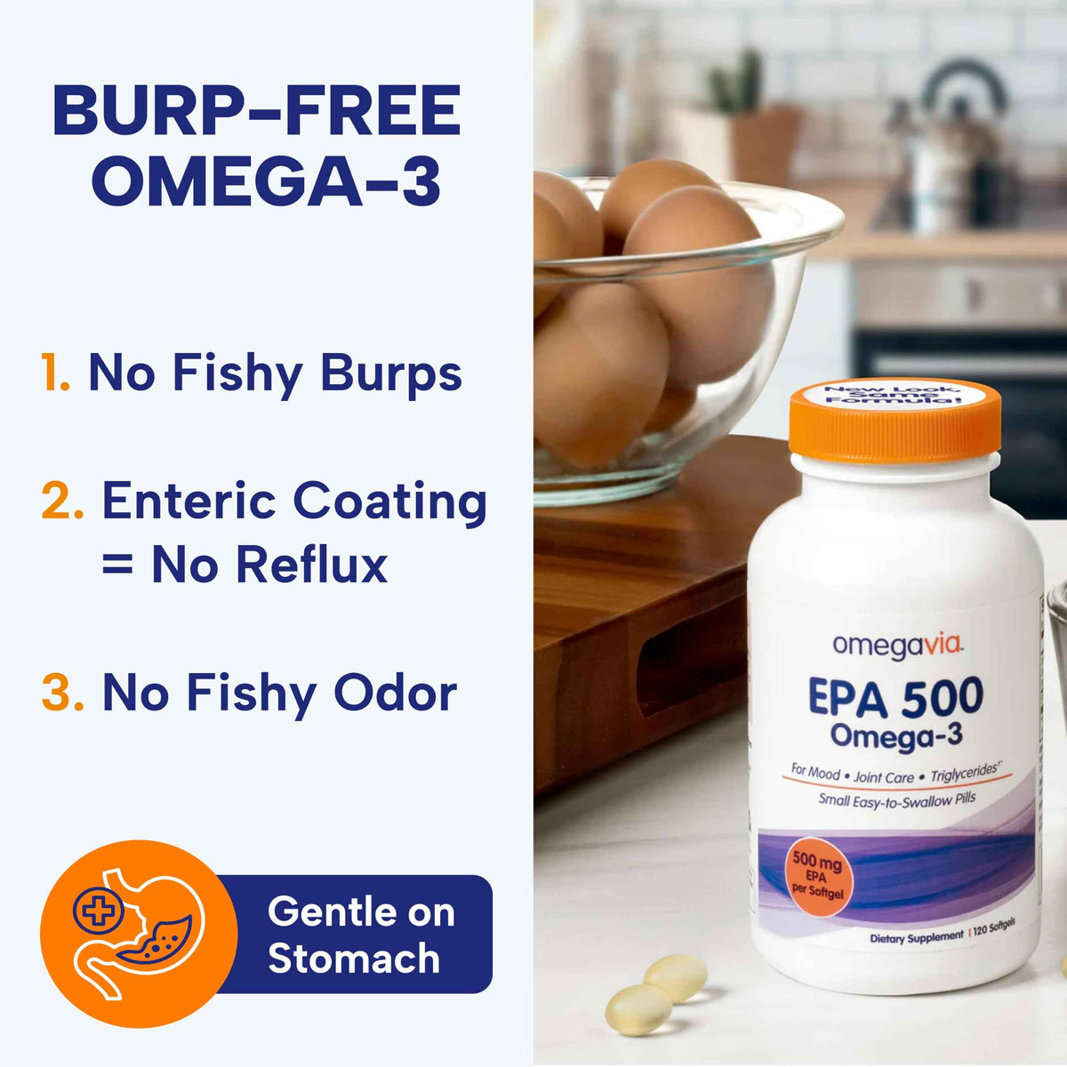 OmegaVia EPA 500, Purified Omega-3 Fish Oil Supplement, 500 mg EPA in Triglyceride Form, Burpless Fish Oil, Non-GMO, Gluten-Free, IFOS 5-Star, 120 Softgels