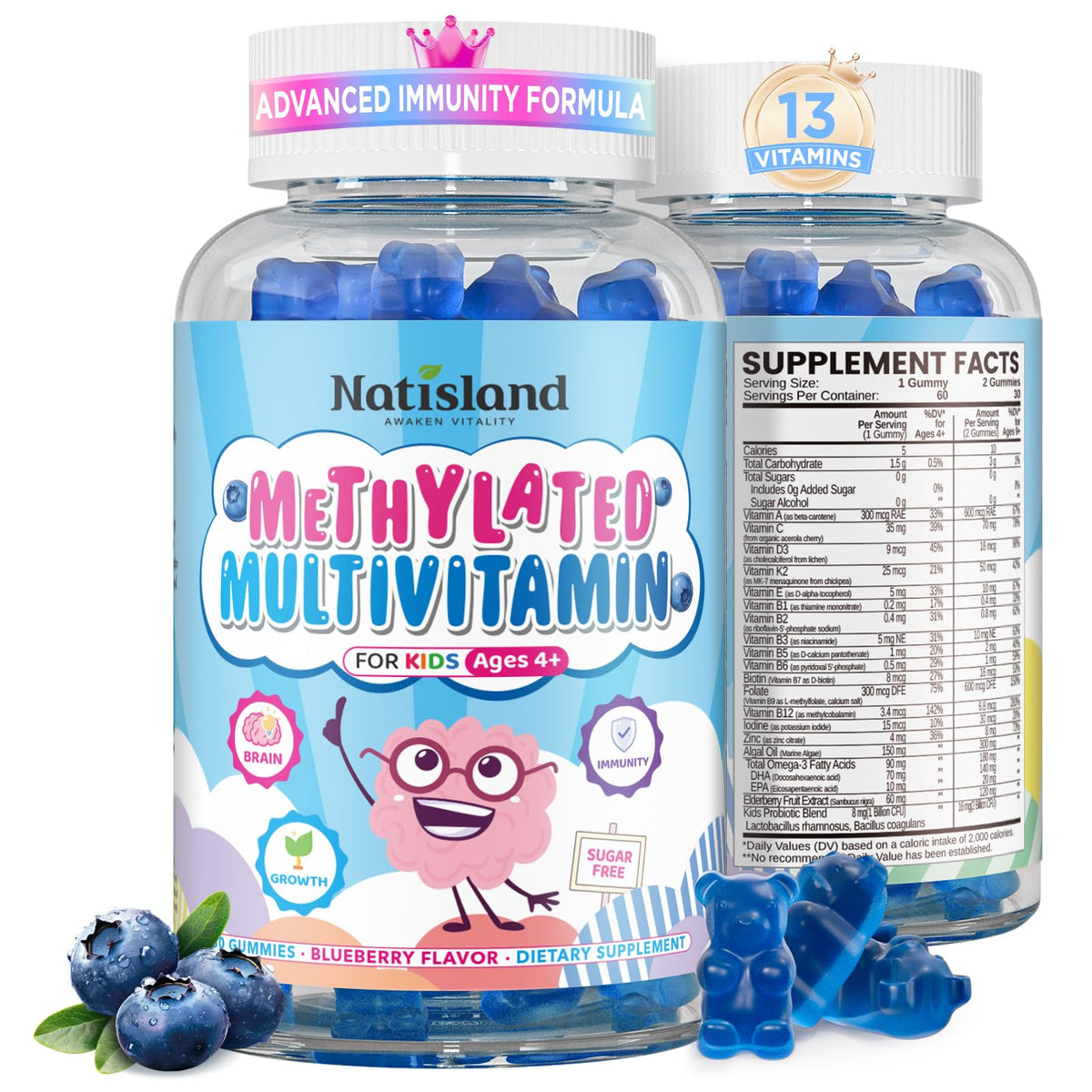 Kids Methylated Multivitamin - MTHFR Multivitamin for Kids & Teens 4+, L Methylfolate & B12, 13 Vitamins, Vegan Omega-3, Zinc, Probiotics & Elderberry, Immune Support, Brain Health, Sugar-Free