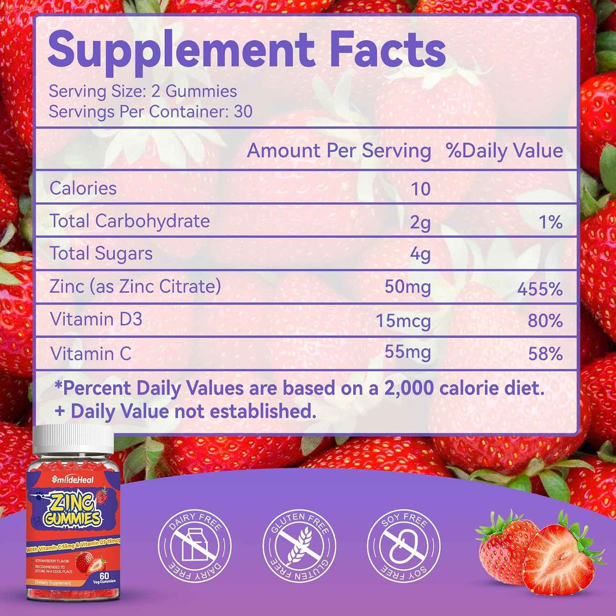 Zinc Gummies, Zinc 50mg, Zinc Citrate, with Vitamin C, Vitamin D3, 60 Count - Zinc Gummies, Zinc 50mg, Zinc Citrate, with Vitamin C, Vitamin D3, Strawberry Flavor Gummies, 60 Count