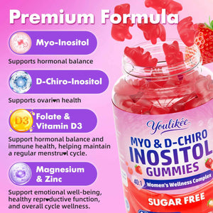 Myo-Inositol & D-Chiro Inositol Gummies for Women, Sugar-Free, 60 Count - Ideal 40:1 Ratio with Vitamin D3, Folate, Magnesium and Zinc - Support Female Health & Wellness, Strawberry Flavor