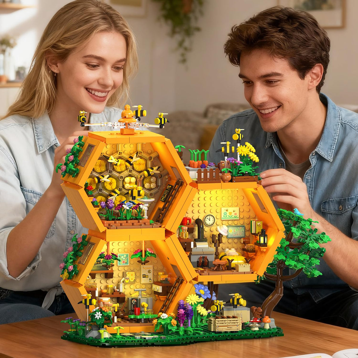 INSOON Bee Treehouse House Building Set with Lights for Adults, Farm Kit