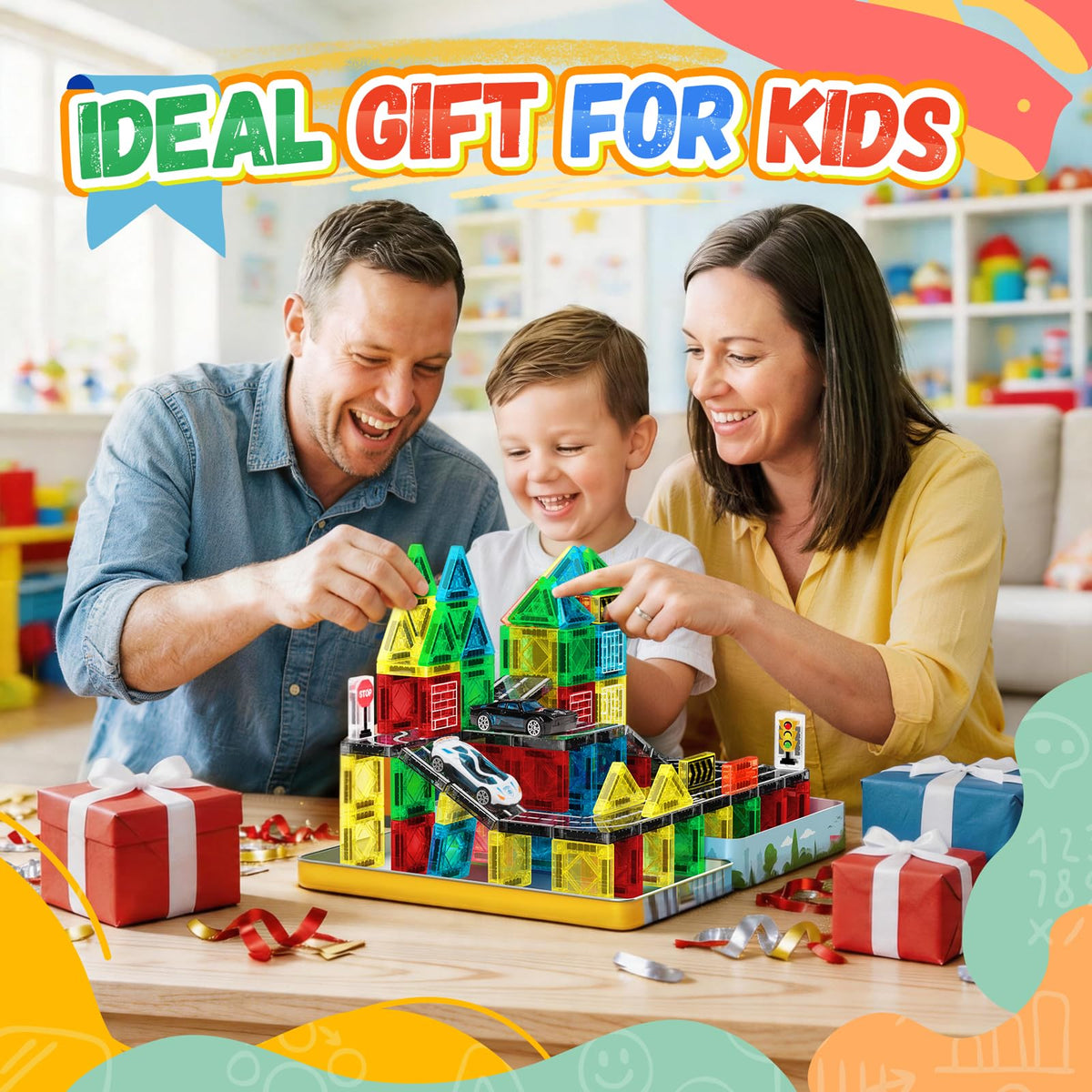 Magnetic Tiles - Road Set, City Race Track Travel Building Blocks with 2 Cars & Metal Box, Mini Magnet Tiles Outdoor Construction Toys for Boys, STEM Sensory Gifts for Toddlers 3-5 4-8 Years Old