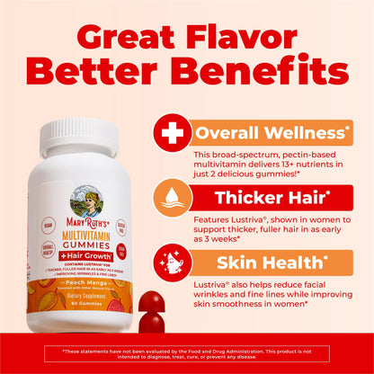 MaryRuth's Multivitamin + Hair Growth Gummies - with Lustriva - Biotin 10000mcg - B Vitamins - Formulated for Thicker Hair, Wrinkles, Fine Lines, Skin Care - Ages 18+ - 30 Servings