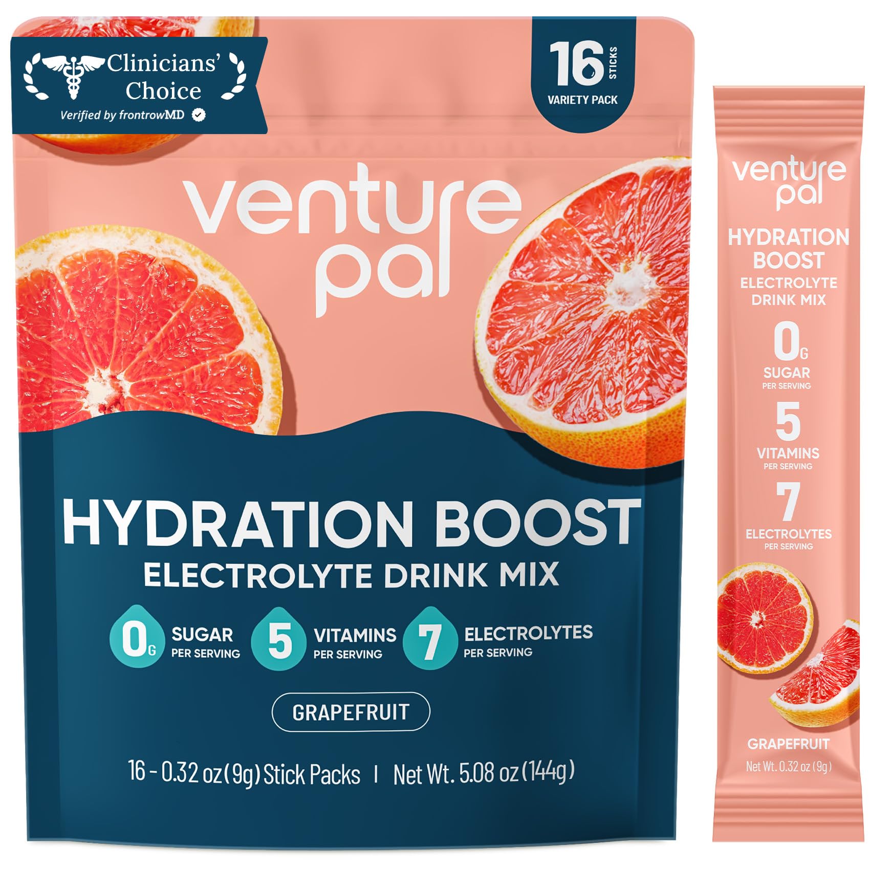 Venture Pal Sugar Free Electrolyte Powder Packets, Keto Friendly, 16 Sticks - Liquid Daily IV Hydration Packets for Rapid Rehydration. 7 Electrolytes & 5 Vitamins - Non-GMO - Vegan - Fast Dissolve