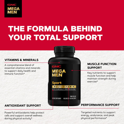 GNC Mega Men Sport Multivitamin for Men | Performance, Muscle Function, and General Health | 180 Count