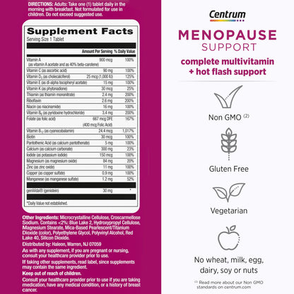 Centrum Complete Multivitamin Supplement + Hot Flash Support Menopause Support Tablets, with Clinically Studied geniVida, 30 Count