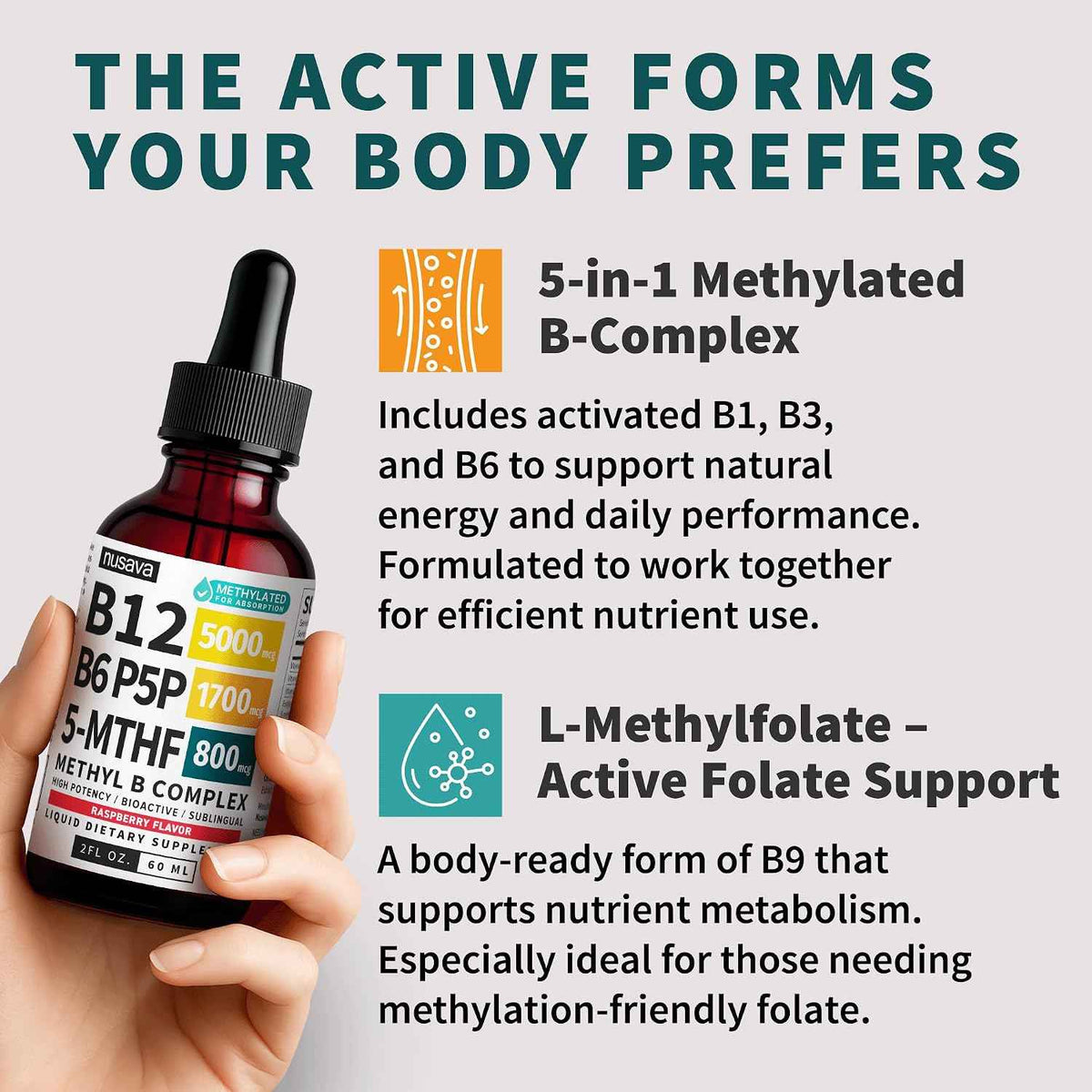 NUSAVA (2-Pack) Methylated B Complex Liquid Drops Raspberry and Liquid Vitamin B12 Drops Raspberry Flavor - Active Methylfolate and B12 Vitamin Sublingual Support for Targeted Daily Wellness