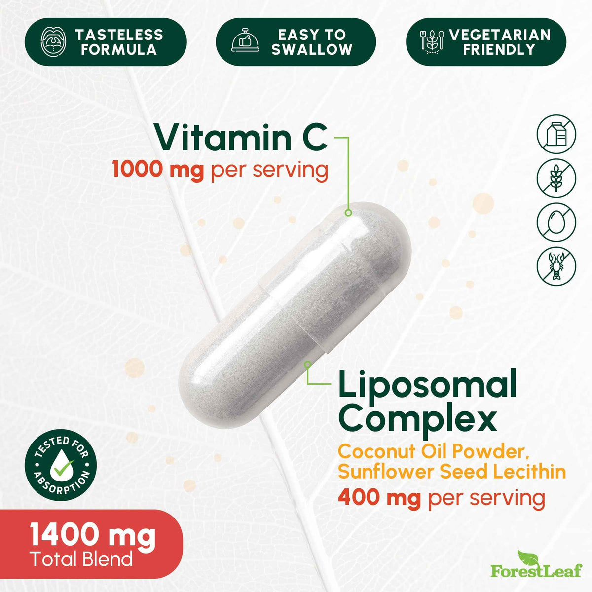 ForestLeaf Liposomal Vitamin C 1400mg Capsules - High Dose Vitamin C Liposomal Supplement w Coconut Oil Fatty Acids - Fast Absorption - Immune Support, Antioxidant